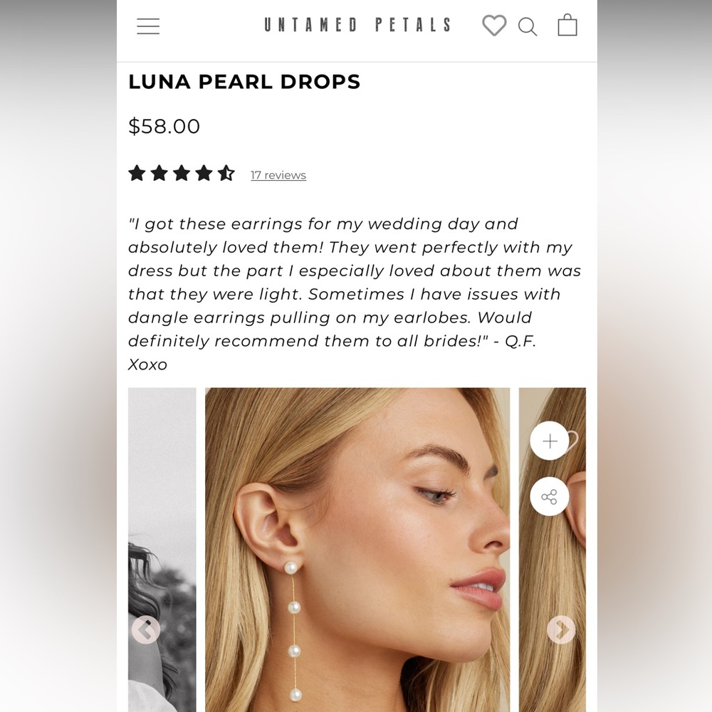 Untamed Petals Luna Pearl Drop earrings. Gold. Never worn/brand new.